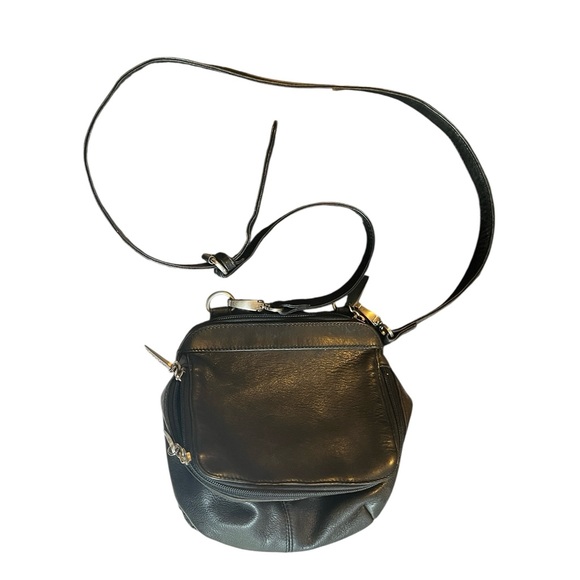 Hobo Black Leather Crossbody Bag Pouch Expandable Boho - Picture 1 of 12